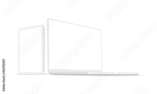 Clay Laptop and Tablet Computer Mockup With Perspective Side View, Isolated on White Background. Vector illustration