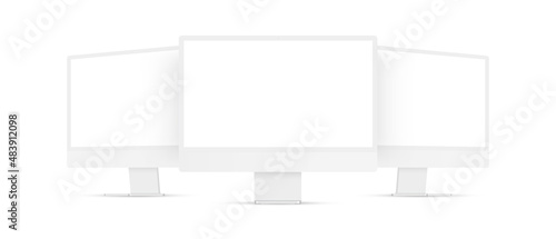 Clay Computer Monitors Mockups, Front and Side View, Isolated on White Background. Vector Illustration