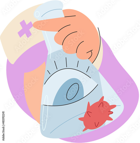 Virologist researching new virus, searching for antivirus and medication. Female doctor scientist uses magnifying glass to research. Viral laboratory. Medicine pharmaceuticals and health care