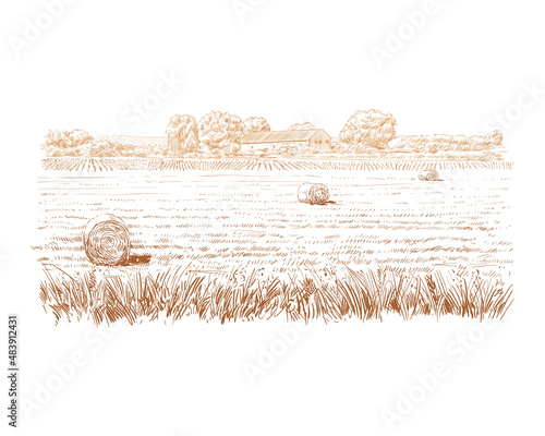 Countryside landscape sketch design silhouette. Hand drawn vector illustration