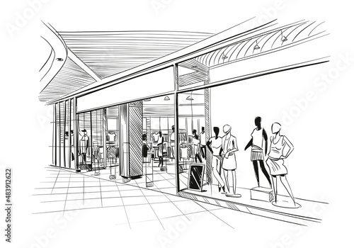 Fashion store hand drawn sketch interior design. Vector illustration