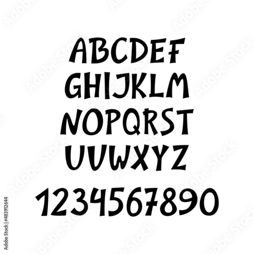 Cartoon English alphabet and numbers black color isolated on white background. Funny font set for t-shirt design, poster, lettering, banner, logotype