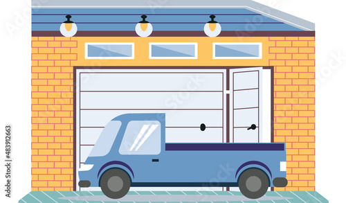 Garage with automatic gates. Vehicle storage space, room for cars inside house. Gates with lifting mechanism, place for automobile parking. Car near garage in modern residental building