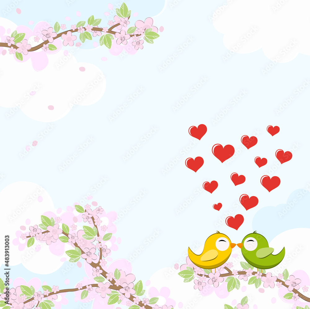 Birds in love on blossom branches Birds in love on blossom branches