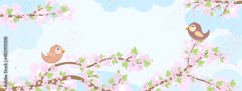 Birds in love on blossom branches