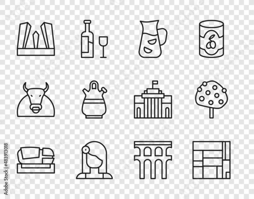 Set line Stadium Mestalla, House Edificio Mirador, Sangria, Spanish woman, Gate of Europe, pitcher, Aqueduct Segovia and Orange tree icon. Vector