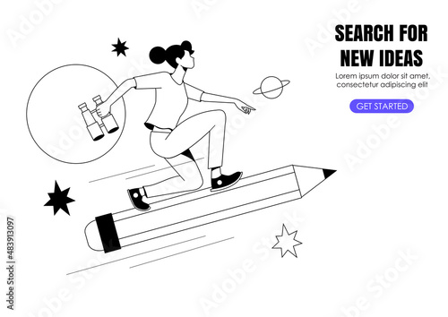 Woman with binoculars flying on pencil . Creative or educational process banner, ad, landing page or poster for web design studio, startup or courses. Generating ideas, imagination, inspiration concep