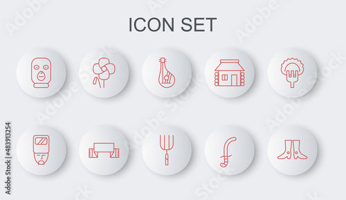 Set line Ukrainian footwear, cossack, Bandura, Medieval sword, Thief mask, Poppy flower, Embroidered towel and Garden pitchfork icon. Vector