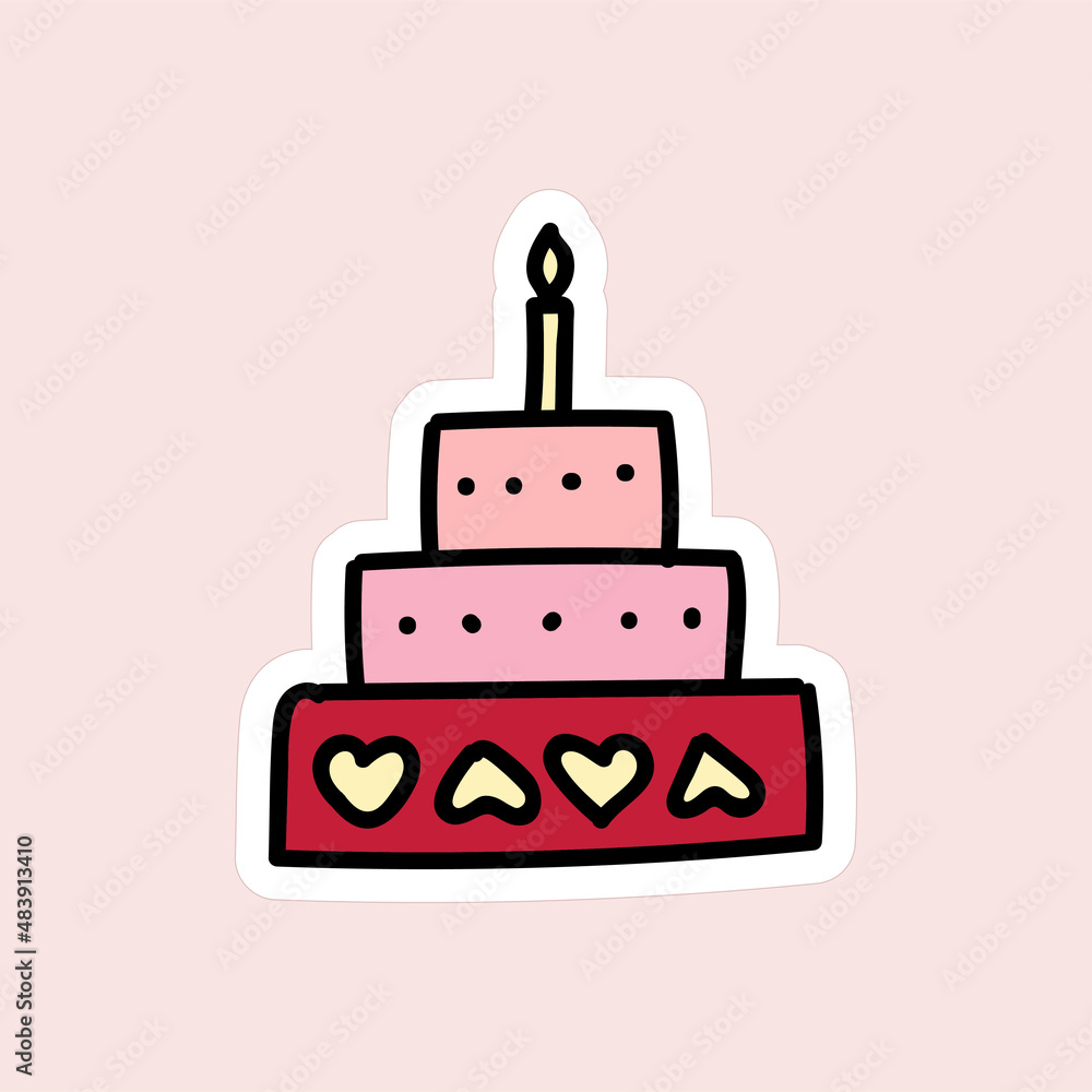 Hand drawn sticker for Valentine's day. cake for celebration with hearts decorations. Hand drawn sticker for Valentine's day. cake for celebration with hearts decorations.