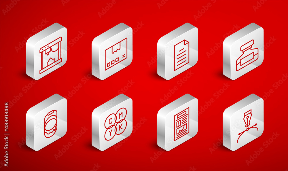 Set line Fountain pen nib, Carton cardboard box, File document, Ink bottle, News, 3D printer, CMYK color mixing and Paint bucket icon. Vector Set line Fountain pen nib, Carton cardboard box, File document, Ink bottle, News, 3D printer, CMYK color mixing and Paint bucket icon. Vector