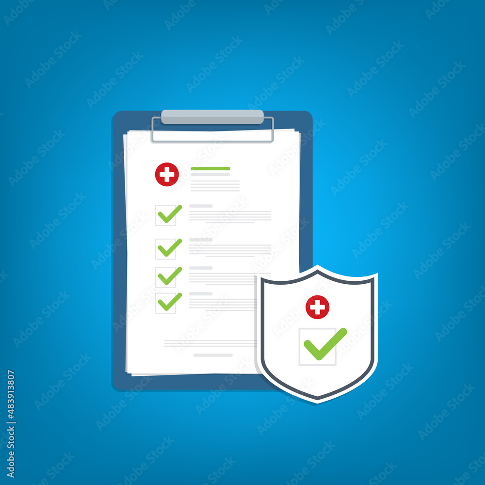 Health insurance. Medical document and shield with check mark. Medical insurance benefits. Vector illustration Health insurance. Medical document and shield with check mark. Medical insurance benefits. Vector illustration