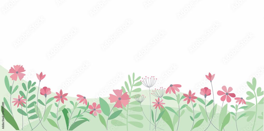 Spring floral illustration. Flowers and green leaves decorative illustration for spring background, banner, graphic design. Hello spring, Spring time vector illustration.