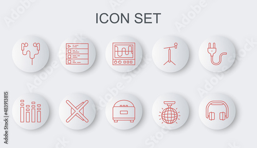 Set line Headphones, Music equalizer, Oscilloscope, Disco ball, Air headphones, playlist, Speaker mute and Stereo speaker icon. Vector
