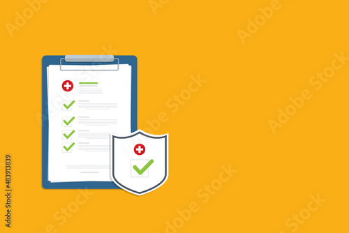 Health insurance. Medical document and shield with check mark. Medical insurance benefits. Vector illustration