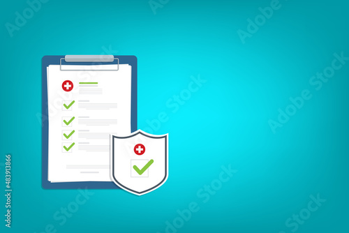 Health insurance. Medical document and shield with check mark. Medical insurance benefits. Vector illustration