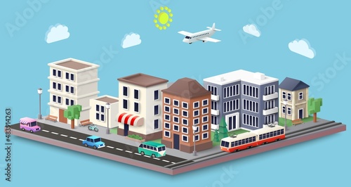 Isometric city streets, residential and commercial buildings, public transport, vector illustration. Urban architecture.