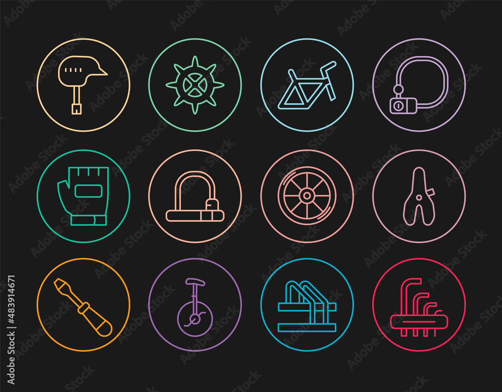 Set line Tool allen keys, Bicycle seat, frame, lock, Gloves, helmet, wheel and sprocket crank icon. Vector Set line Tool allen keys, Bicycle seat, frame, lock, Gloves, helmet, wheel and sprocket crank icon. Vector