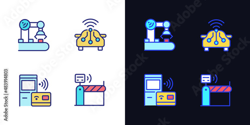Wireless technologies pixel perfect light and dark theme color icons set. Remote device control. Internet of Things. Simple filled line drawings. Bright cliparts on white and black. Editable stroke