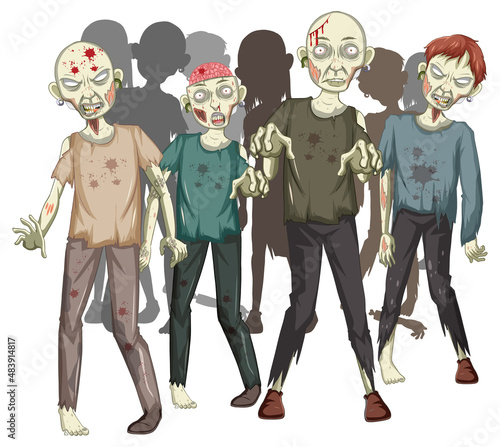 Creepy zombies walking on white background