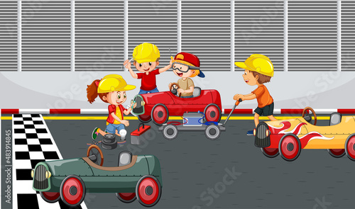 Soapbox derby scene with children racing car