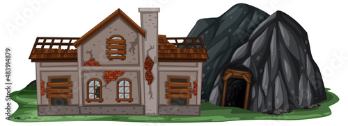 An abandoned house with a rock cave on white background