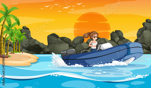 Ocean wave scenery with a woman driving a boat