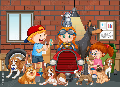 Garage scene with children and their animals