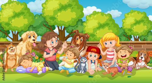 Outdoor scene with children and their dogs