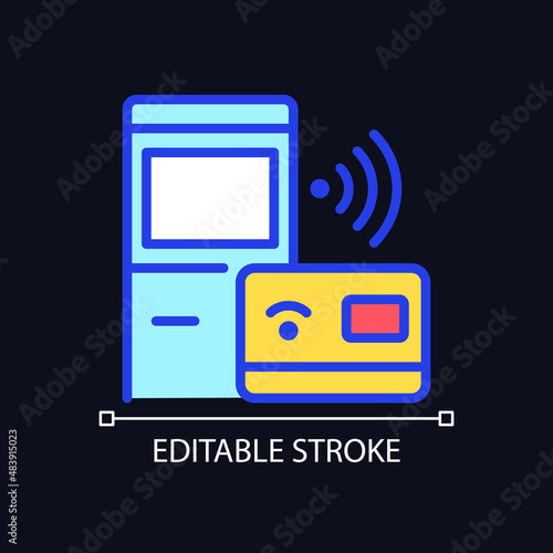 Self checkout kiosk pixel perfect RGB color icon for dark theme. ATM stand. Smart service. Internet of Things. Simple filled line drawing on night mode background. Editable stroke. Arial font used