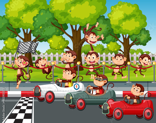 Race track scene with monkey racing drivers