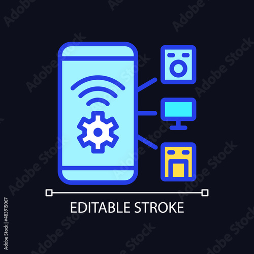 Smart appliances control pixel perfect RGB color icon for dark theme. Mobile access to remote device regulation. Simple filled line drawing on night mode background. Editable stroke. Arial font used