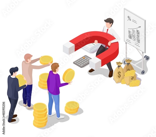 Businessman attracting finance investments with magnet, flat vector isometric illustration.