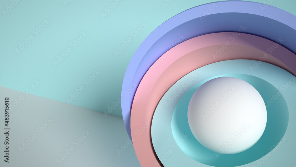 Obraz premium 3d minimal motion design, ball hidden inside colorful hemispheres, layers opening. Simple geometric objects, primitive shapes isolated on pink background. Live image, modern animated poster.