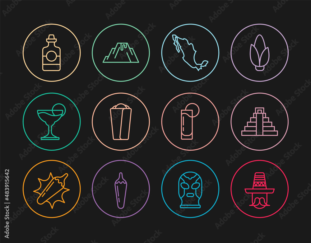 Set line Mexican man sombrero, Chichen Itza in Mayan, Map of mexican, Burrito, Margarita cocktail, Tequila bottle, glass with lemon and Volcano eruption lava icon. Vector Set line Mexican man sombrero, Chichen Itza in Mayan, Map of mexican, Burrito, Margarita cocktail, Tequila bottle, glass with lemon and Volcano eruption lava icon. Vector