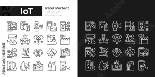 IoT pixel perfect light and dark theme color icons set. Wifi regulation. Internet of Things. Simple filled line drawings. Bright cliparts on white and black. Editable stroke. Quicksand-Light font used