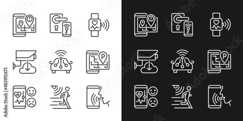 Internet of things pixel perfect light and dark theme color icons set. Wireless technology. IoT appliance. Simple filled line drawings. Bright cliparts on white and black. Editable stroke