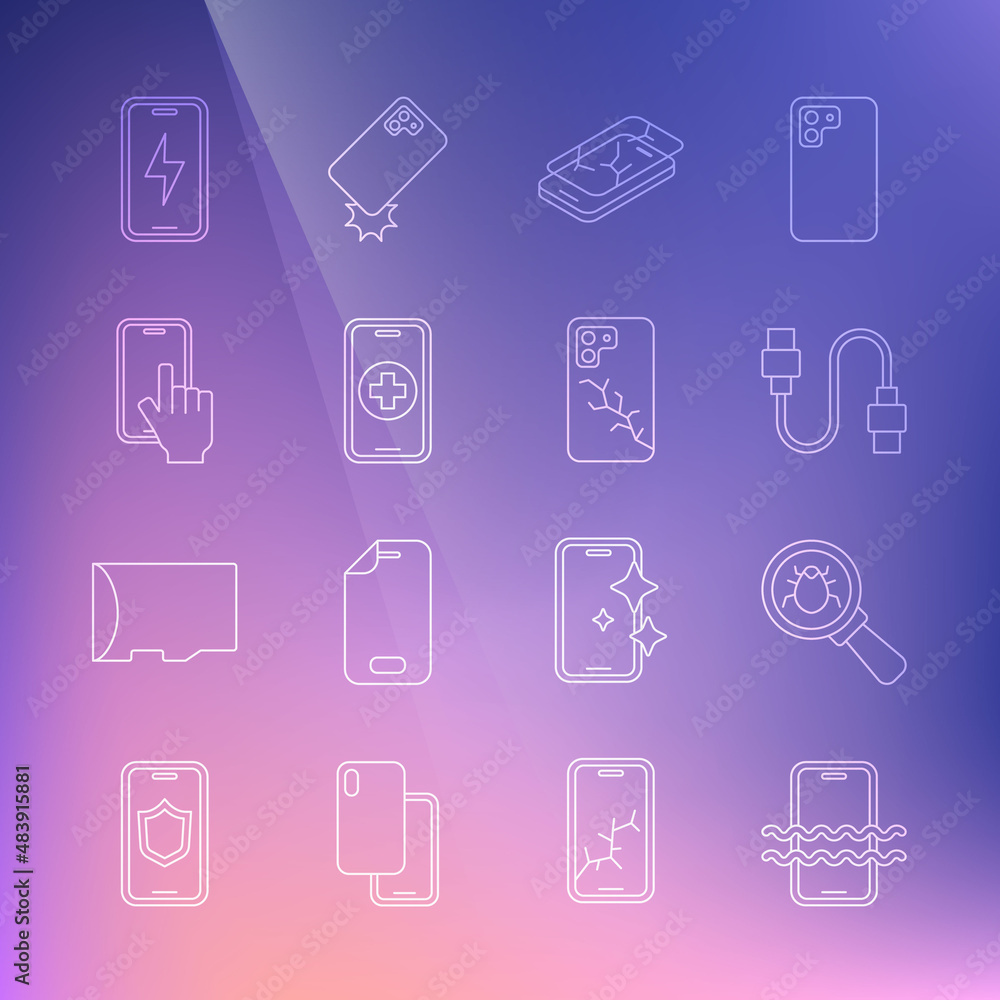 Set line Waterproof phone, System bug, USB cable cord, Mobile with broken screen, Phone repair service, charging battery and icon. Vector Set line Waterproof phone, System bug, USB cable cord, Mobile with broken screen, Phone repair service, charging battery and icon. Vector