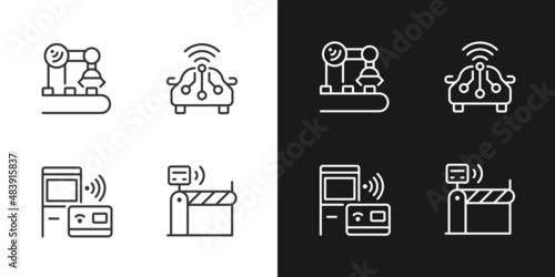 Wireless technologies pixel perfect light and dark theme color icons set. Remote device control. Internet of Things. Simple filled line drawings. Bright cliparts on white and black. Editable stroke