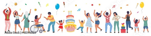 Dancing people celebrating birthday party and having fun, flat vector isolated illustration.