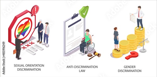 Employment discrimination set, vector isometric illustration. Sexual orientation and gender discrimination in workplace.