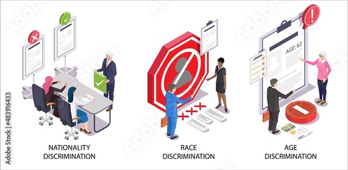 Employment discrimination scene set, vector isometric illustration. Nationality, race and age discrimination.