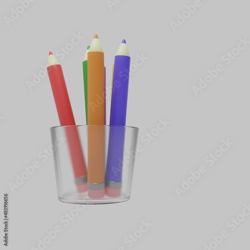 Multicolored pencils in a glass on a light background. A set for creativity. Pencils for drawing. Children's colored pencils. 3D rendering, rendering, 3d. photo