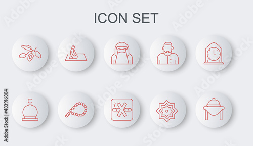 Set line Table food, Muslim Mosque, woman in niqab, Octagonal star, Date fruit, prays, Rosary beads religion and No Smoking icon. Vector