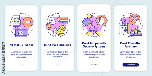Escape room prohibitions onboarding mobile app screen. No mobile phones walkthrough 4 steps graphic instructions pages with linear concepts. UI, UX, GUI template. Myriad Pro-Bold, Regular fonts used