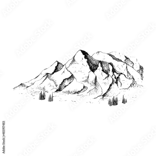 Hand drawn mountain landscape.Peaks, rocks and hills in the snow. Ski resort.