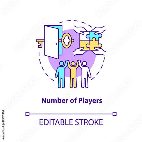 Number of players concept icon. Escape room criteria abstract idea thin line illustration. Fun group activity. Isolated outline drawing. Editable stroke. Arial, Myriad Pro-Bold fonts used