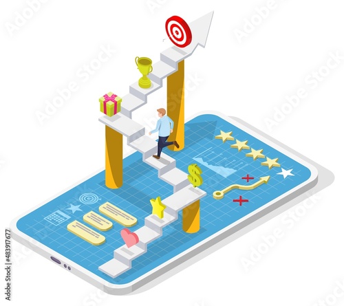 Gamification interactive content, vector isometric illustration. Consumers engagement, customers attraction with rewards