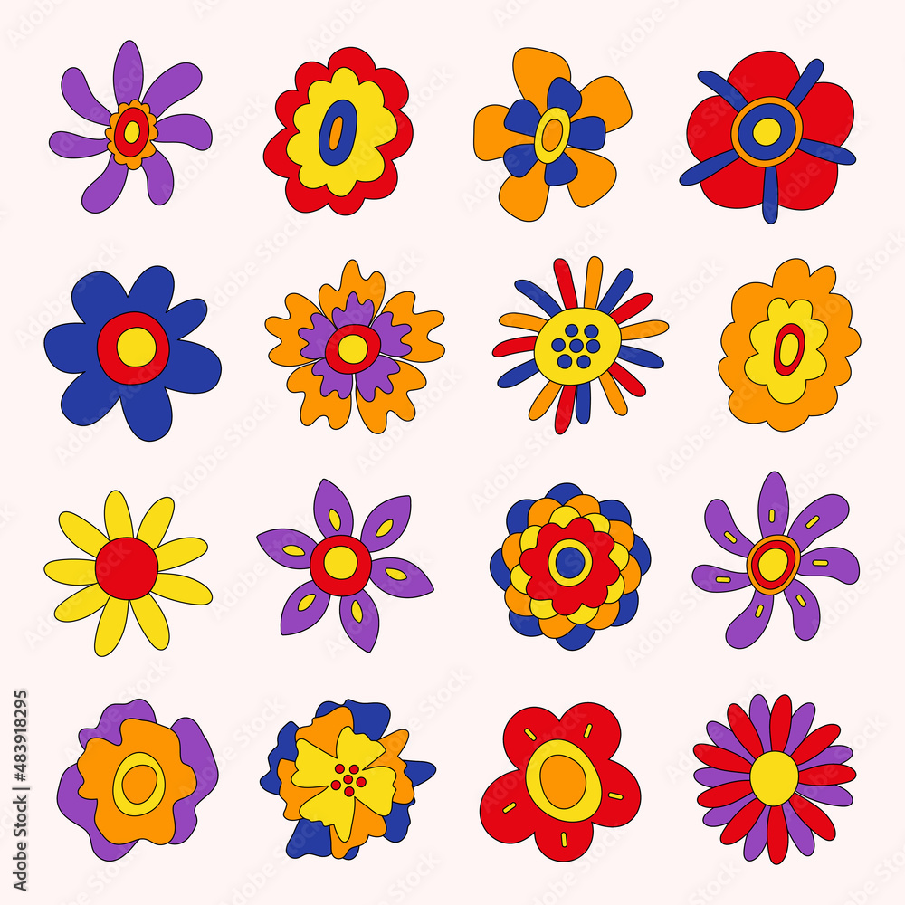 Retro collection of colorful hippie flowers. Vintage festive groovy botanical design. Trendy vector illustration in 70s and 80s style.	