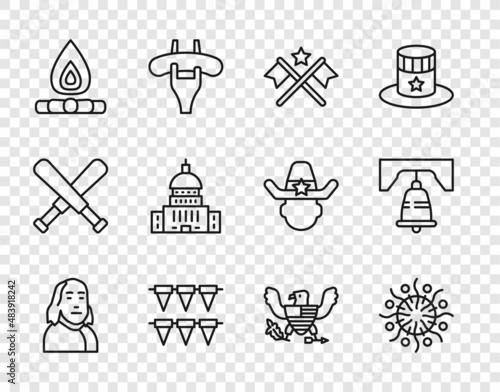 Set line Benjamin Franklin, Firework, American flag, Carnival garland with flags, Campfire, White House, Eagle and Liberty bell Philadelphia icon. Vector