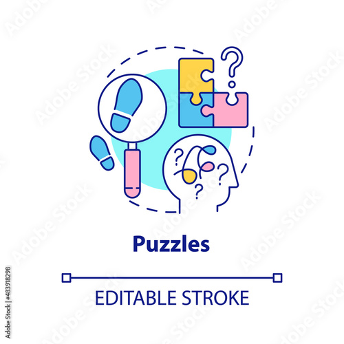 Puzzles concept icon. Escape room general component abstract idea thin line illustration. Educationally-enriching scenario. Isolated outline drawing. Editable stroke. Arial, Myriad Pro-Bold fonts used
